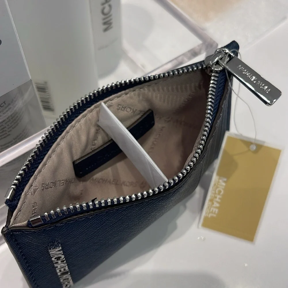 Michael Kors Jet Set Travel Medium Leather Card Case Navy Silver NWT